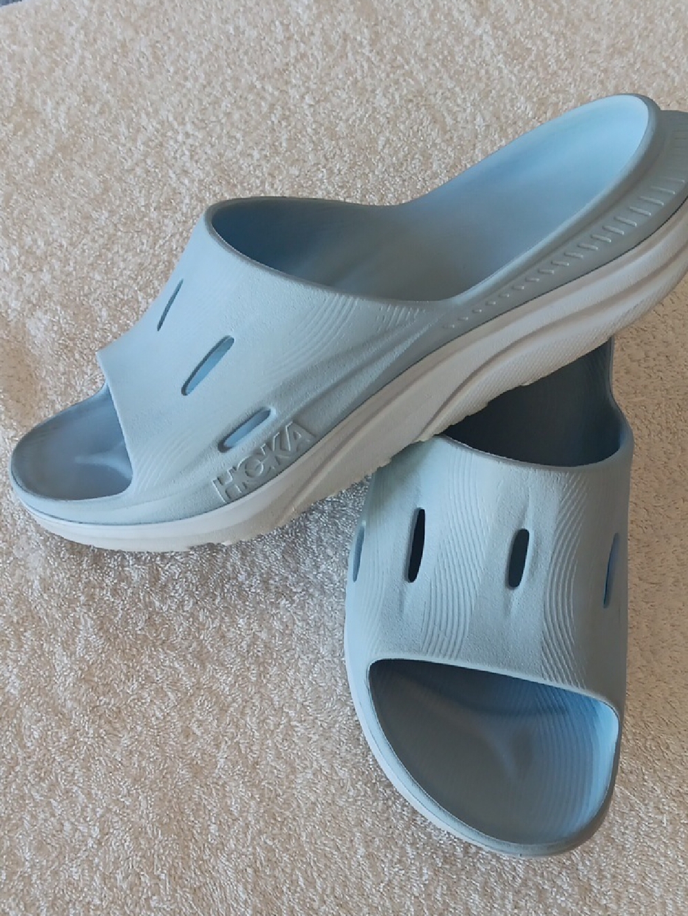 Hoka One One Light Blue and White Slide Sandals